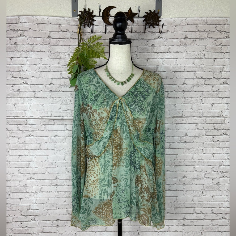 Weekend Woman Sheer Mossy Forest Sheer Bell Sleeve Blouse